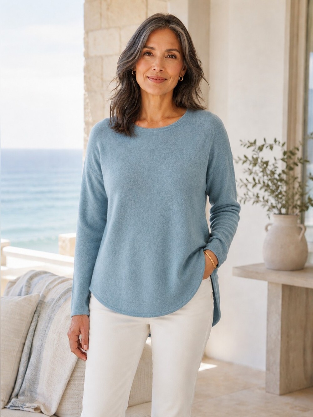 Max Studio 100% 2-Ply Cashmere Tunic Sweater Blue High Low Hem L